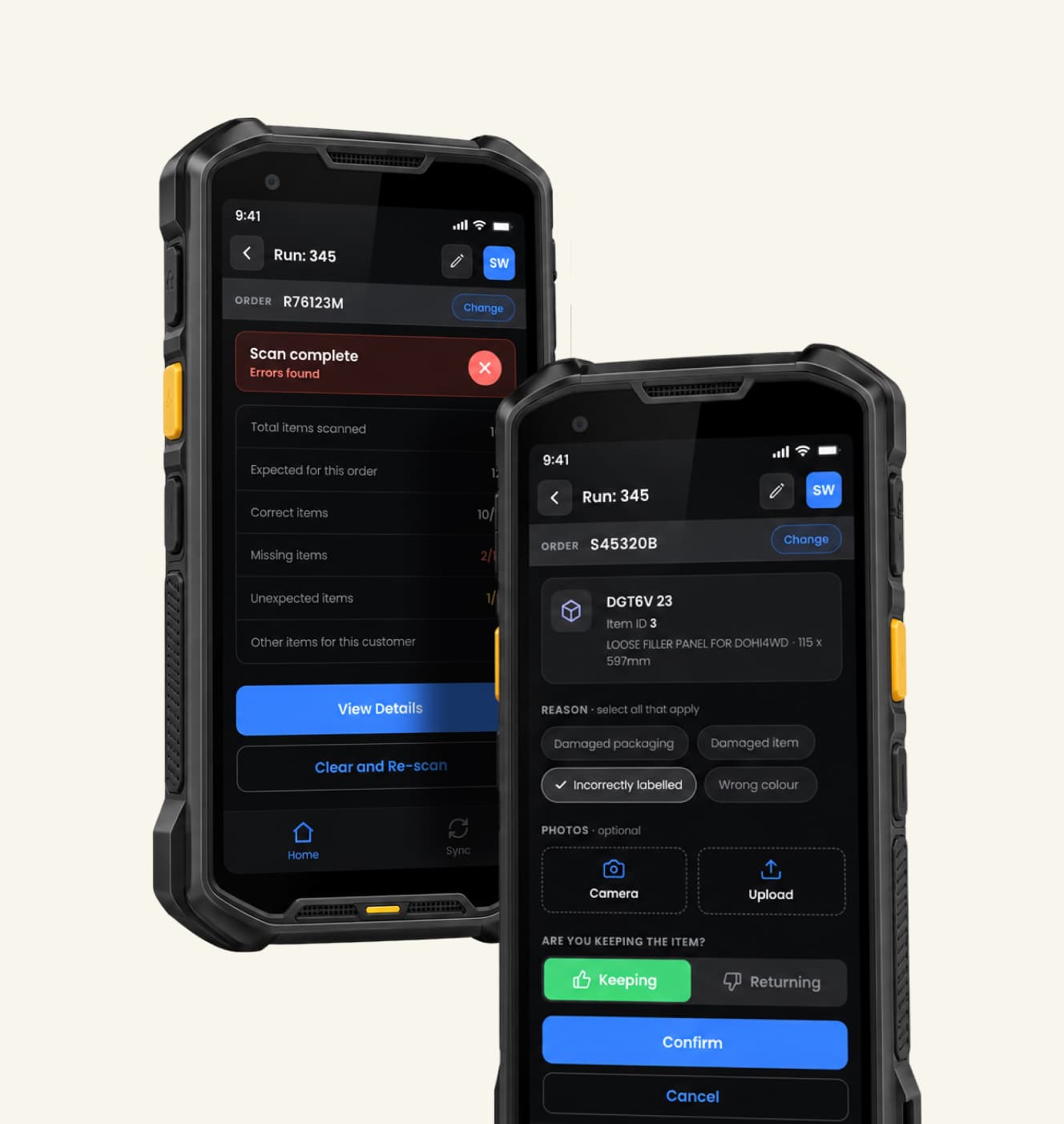 The DCS driver app on two rugged handhelds: a scan-complete summary with mismatched item counts, and a proof-of-delivery screen with reason codes, photo capture and confirm controls