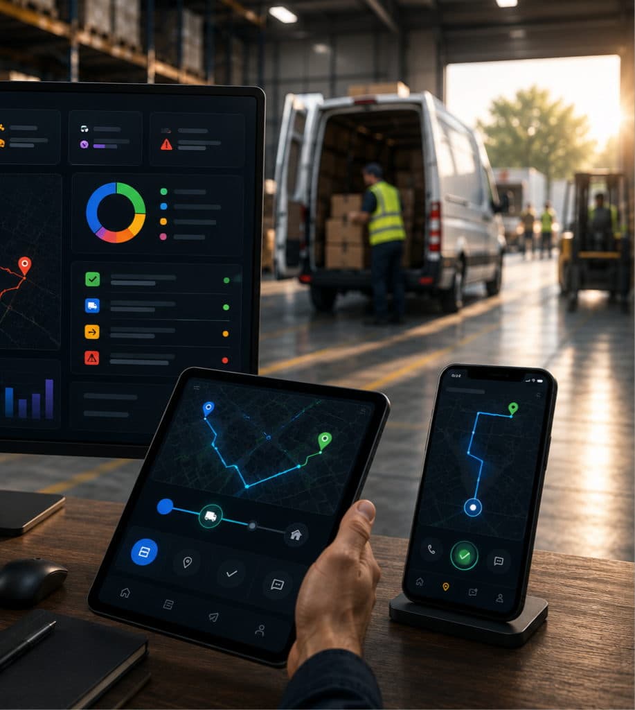 A delivery dispatch dashboard on a desktop monitor beside a tablet and a phone showing live driver routes, with a loaded van at a warehouse dock behind