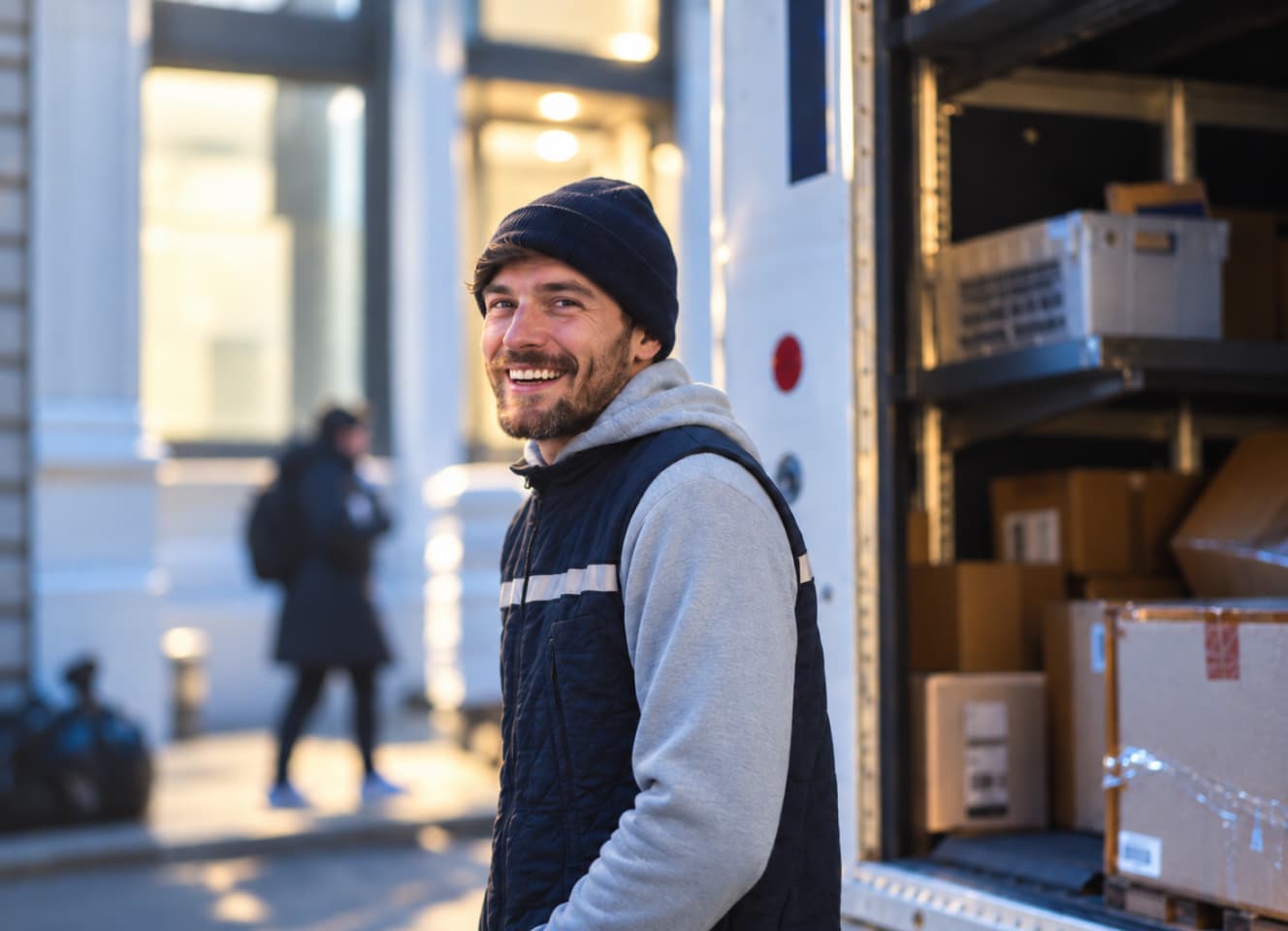 A delivery driver smiling beside the open back of a loaded van