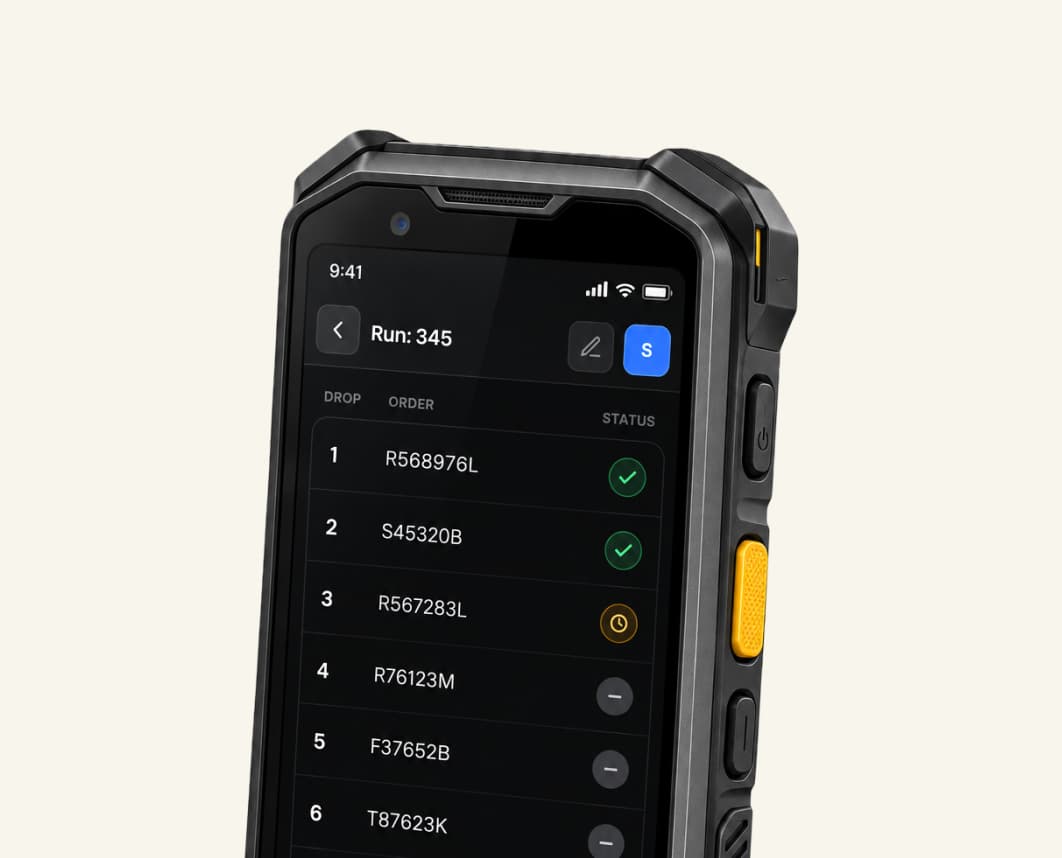 A rugged handheld device showing a delivery run: six drops with order numbers and per-item status