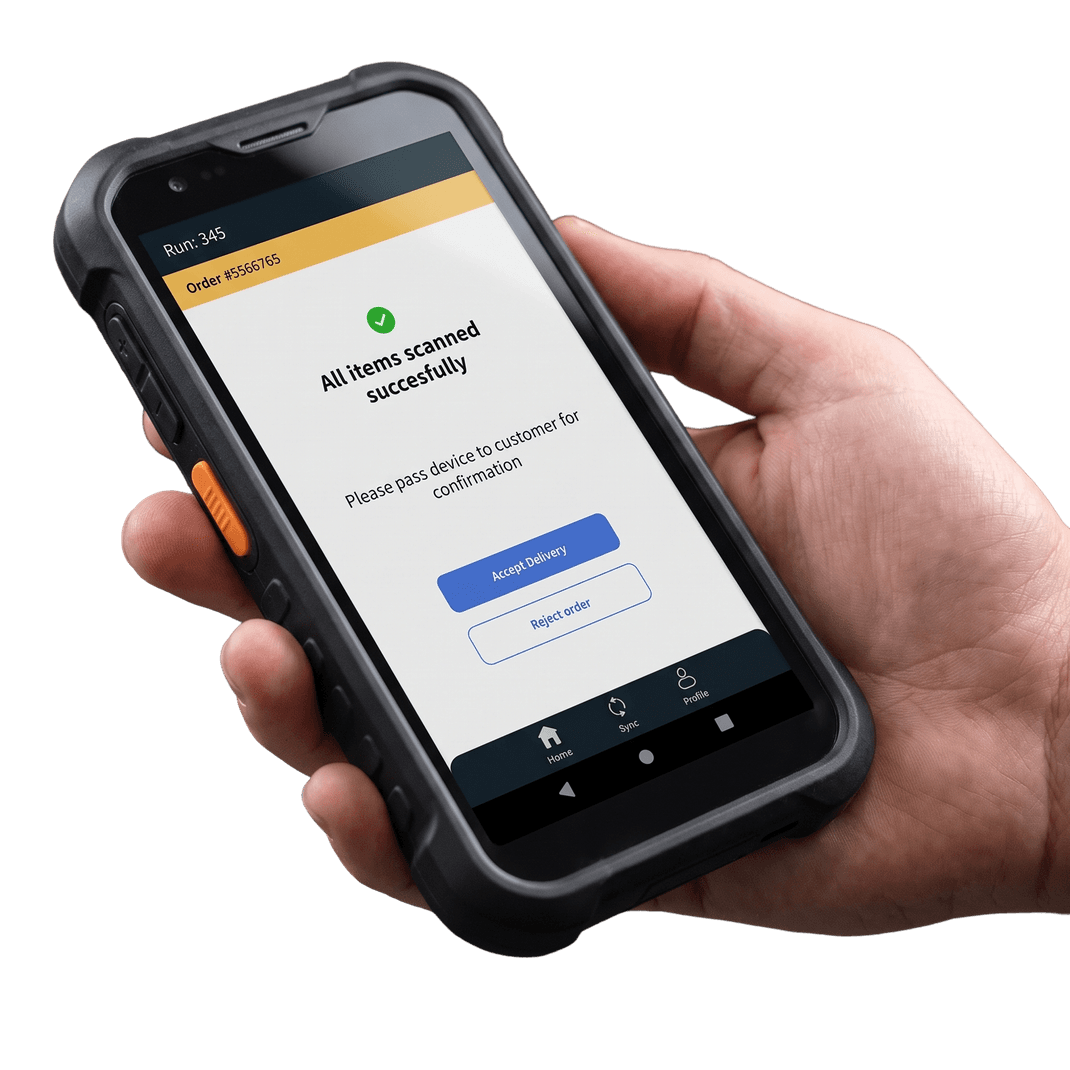 A hand holding a rugged handheld device showing a proof-of-delivery screen — all items scanned, a prompt to pass the device to the customer for confirmation, and Accept Delivery and Reject order buttons