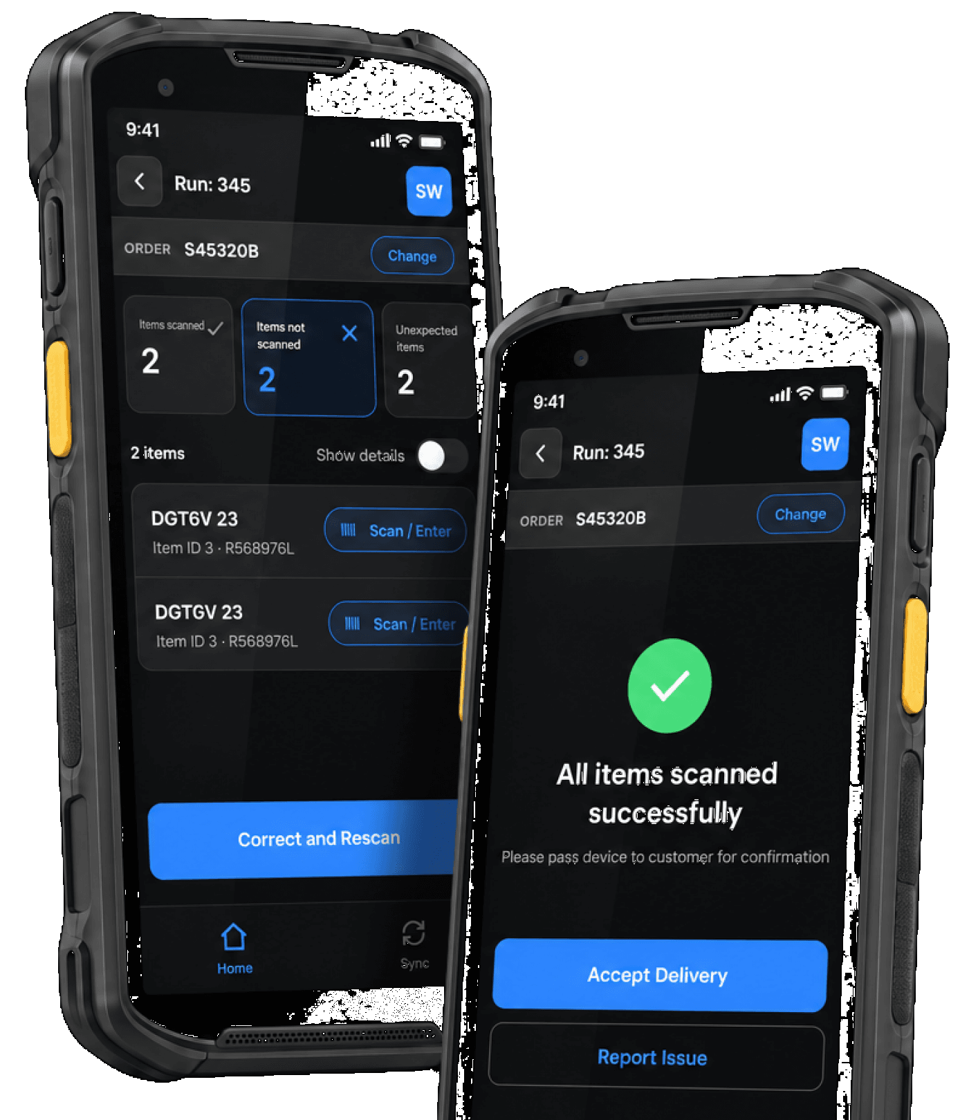 The Footprints proof-of-delivery app running on two rugged handheld scanners