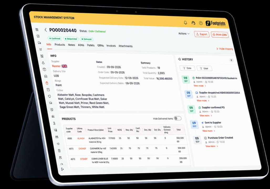 A tablet showing a Footprints purchase order — PO00020440 marked Order Delivered, with supplier and delivery details, a products table and a history timeline