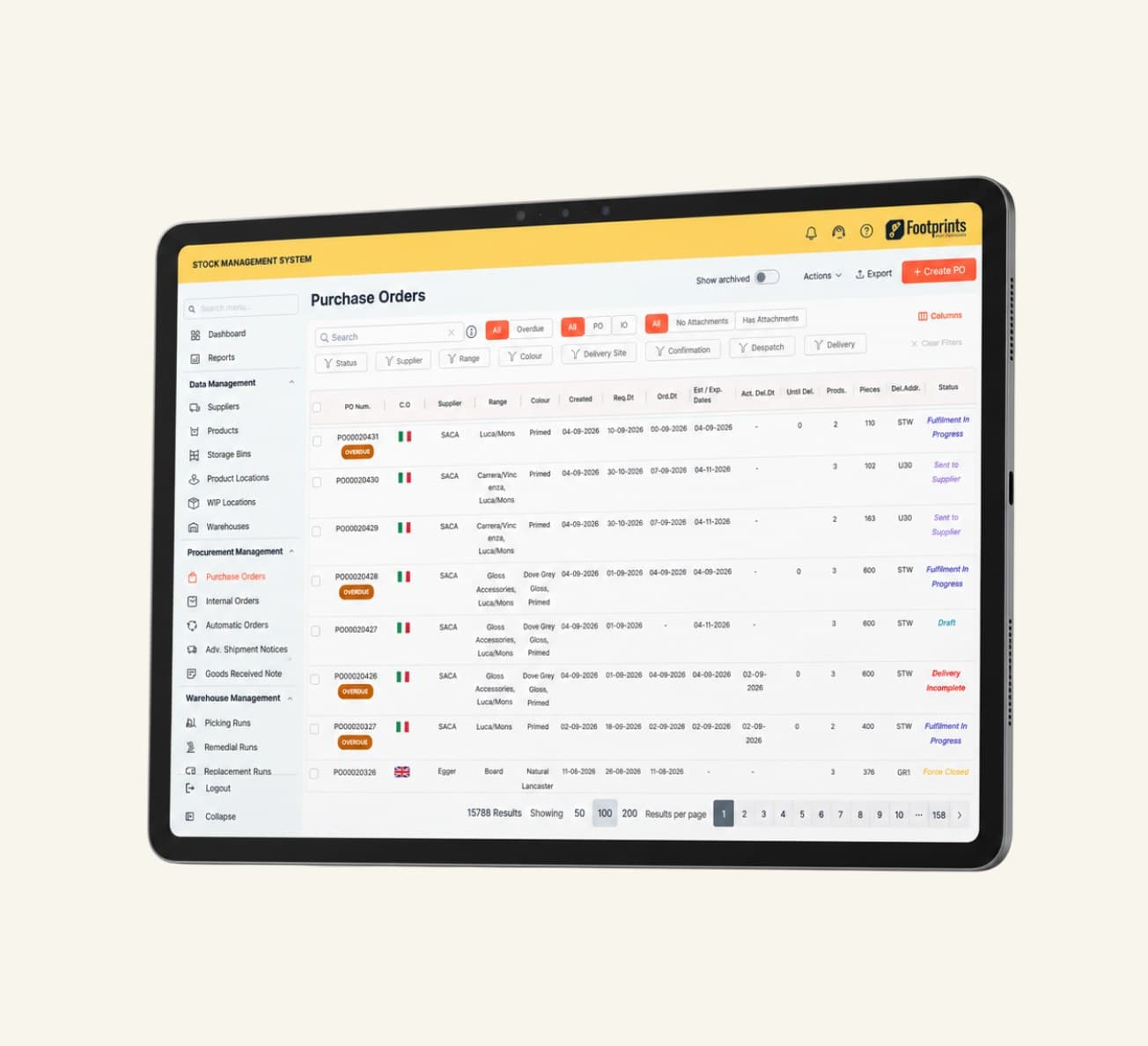 A tablet showing the Footprints Purchase Orders list — purchase order numbers, suppliers, dates, quantities and fulfilment status