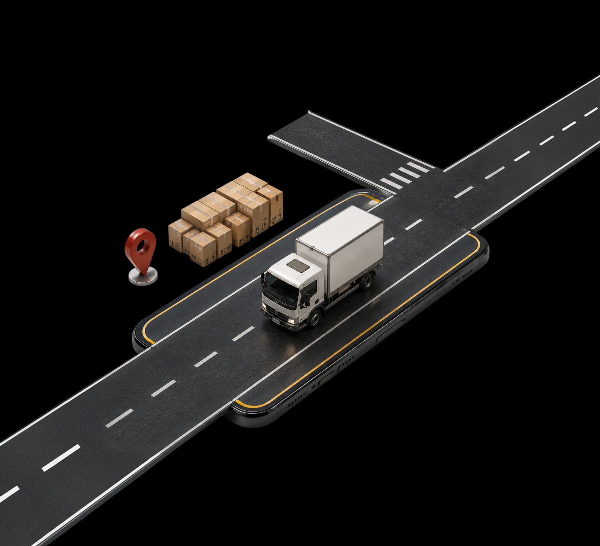 A delivery truck driving along a road that runs across a smartphone, beside stacked parcels and a map pin