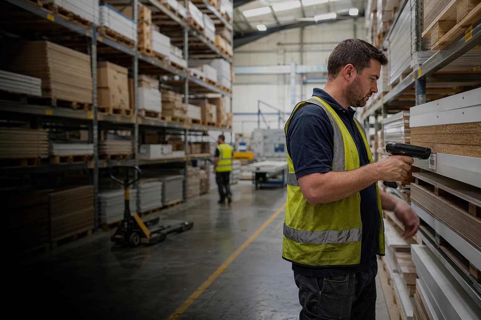 A warehouse operative in a hi-vis vest scanning a barcode label on a stack of cabinet panels, in a racking aisle of a made-to-order furniture factory