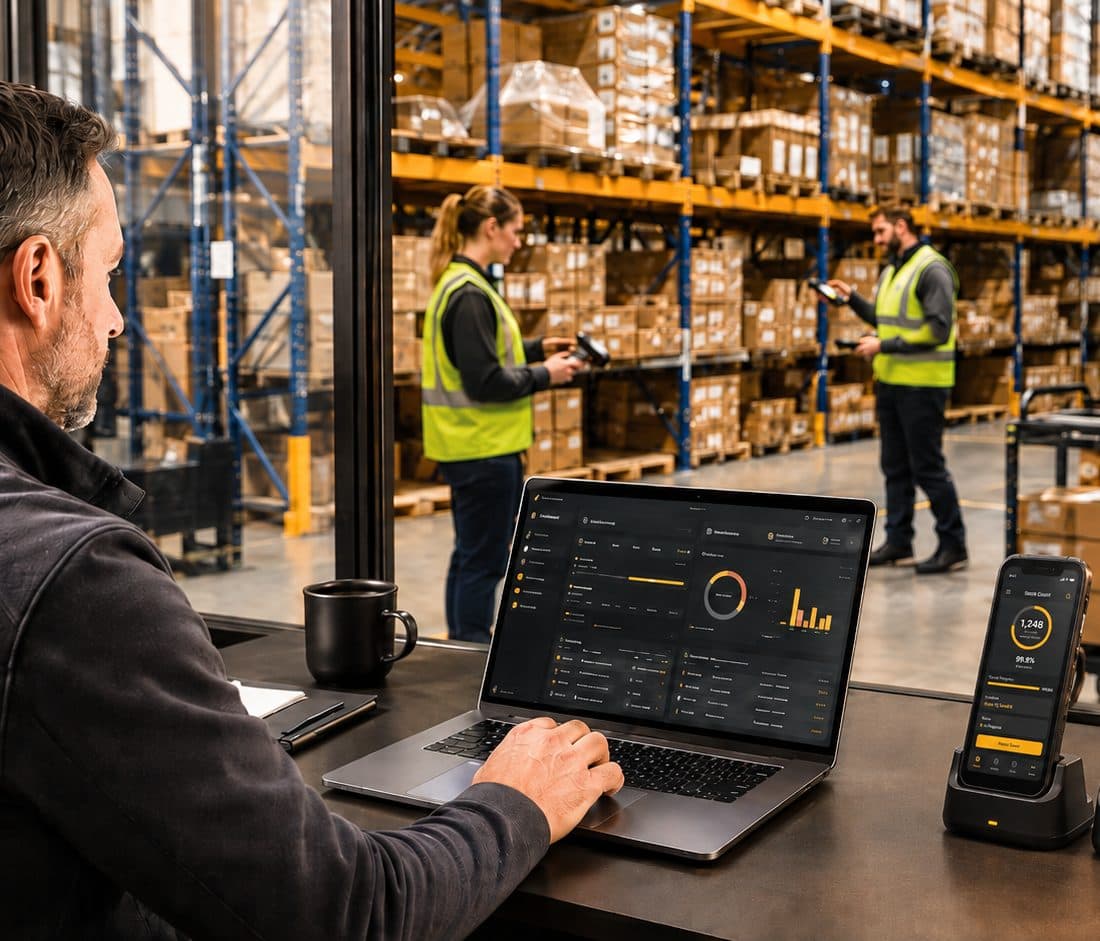 A warehouse manager checking an inventory dashboard on a laptop at a desk, with a handheld scanner docked beside it and staff picking stock from racking behind