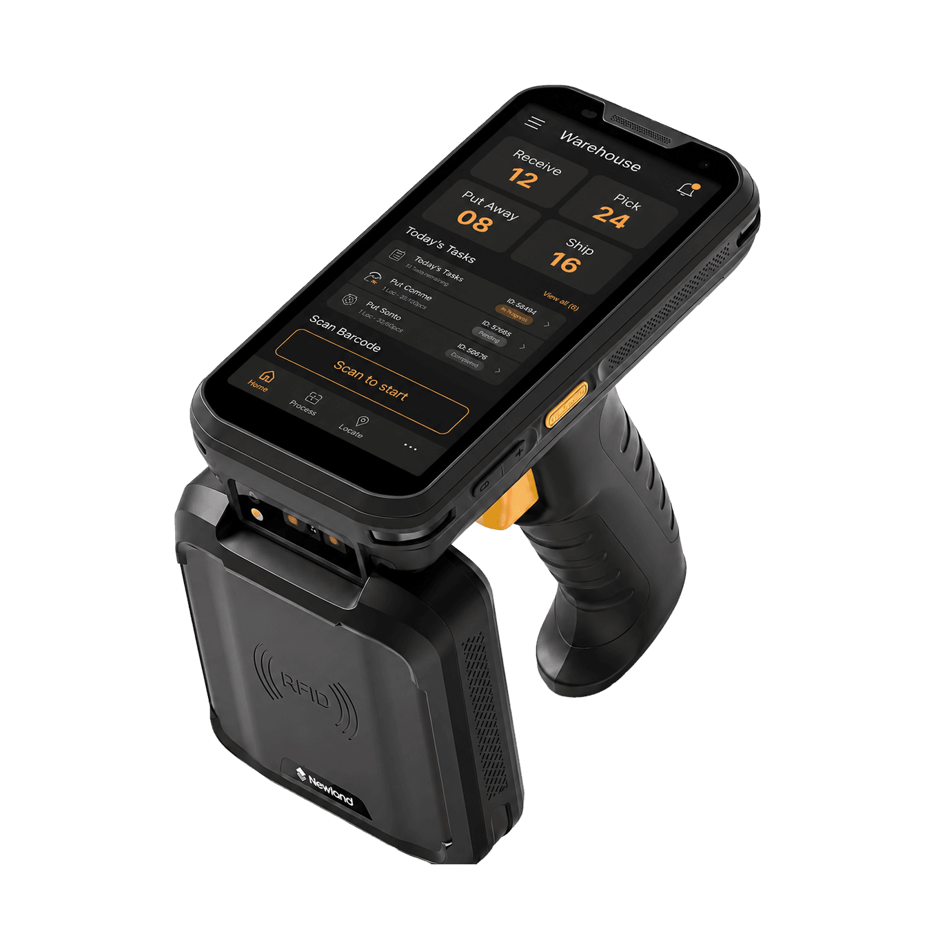 The Footprints warehouse app running on a handheld barcode scanner