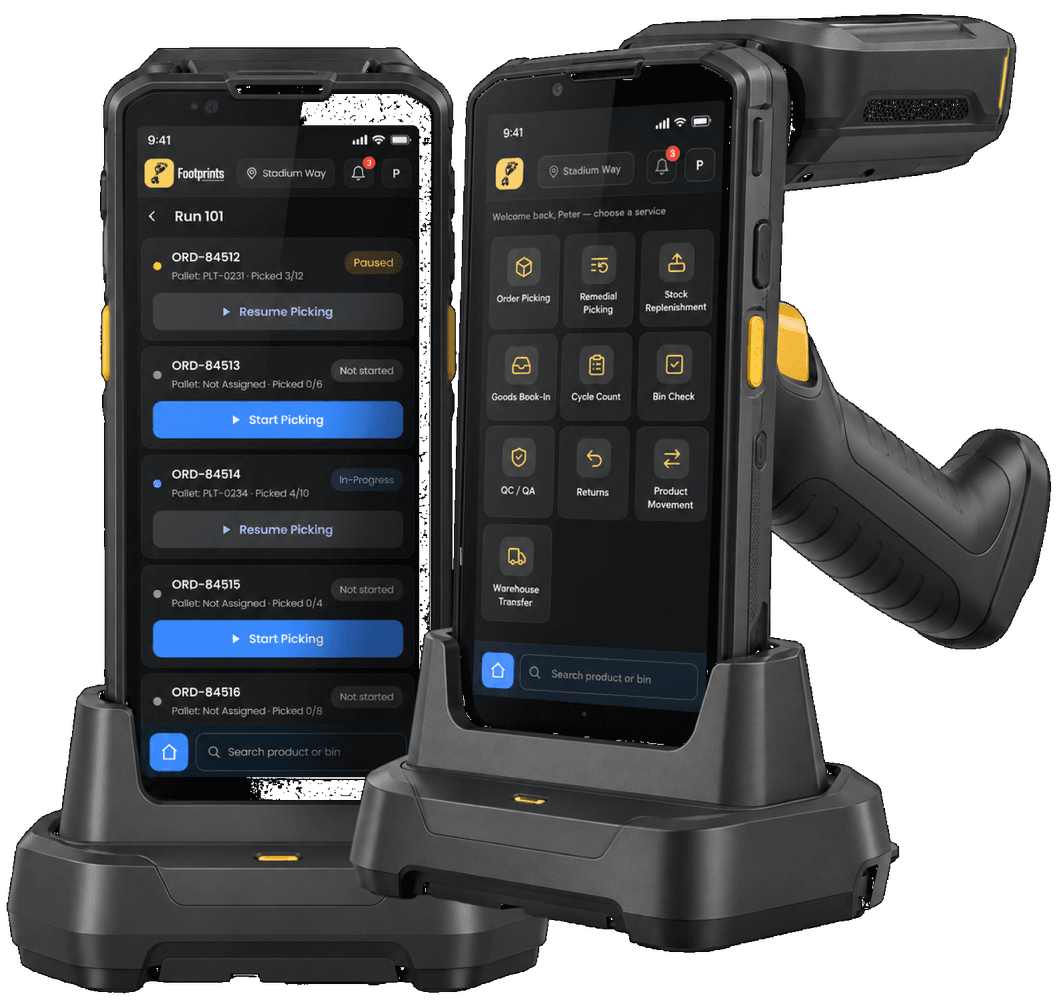 The Footprints warehouse app running on two handheld barcode scanners