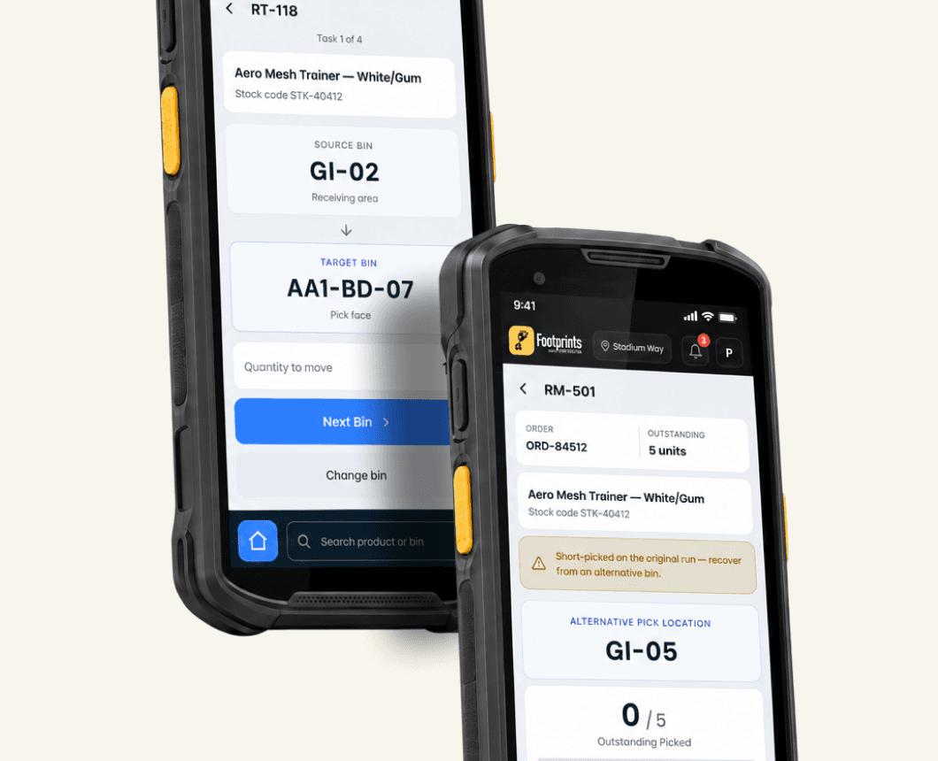 Two handheld scanners running the Footprints warehouse app, showing a bin-to-bin move and a pick run