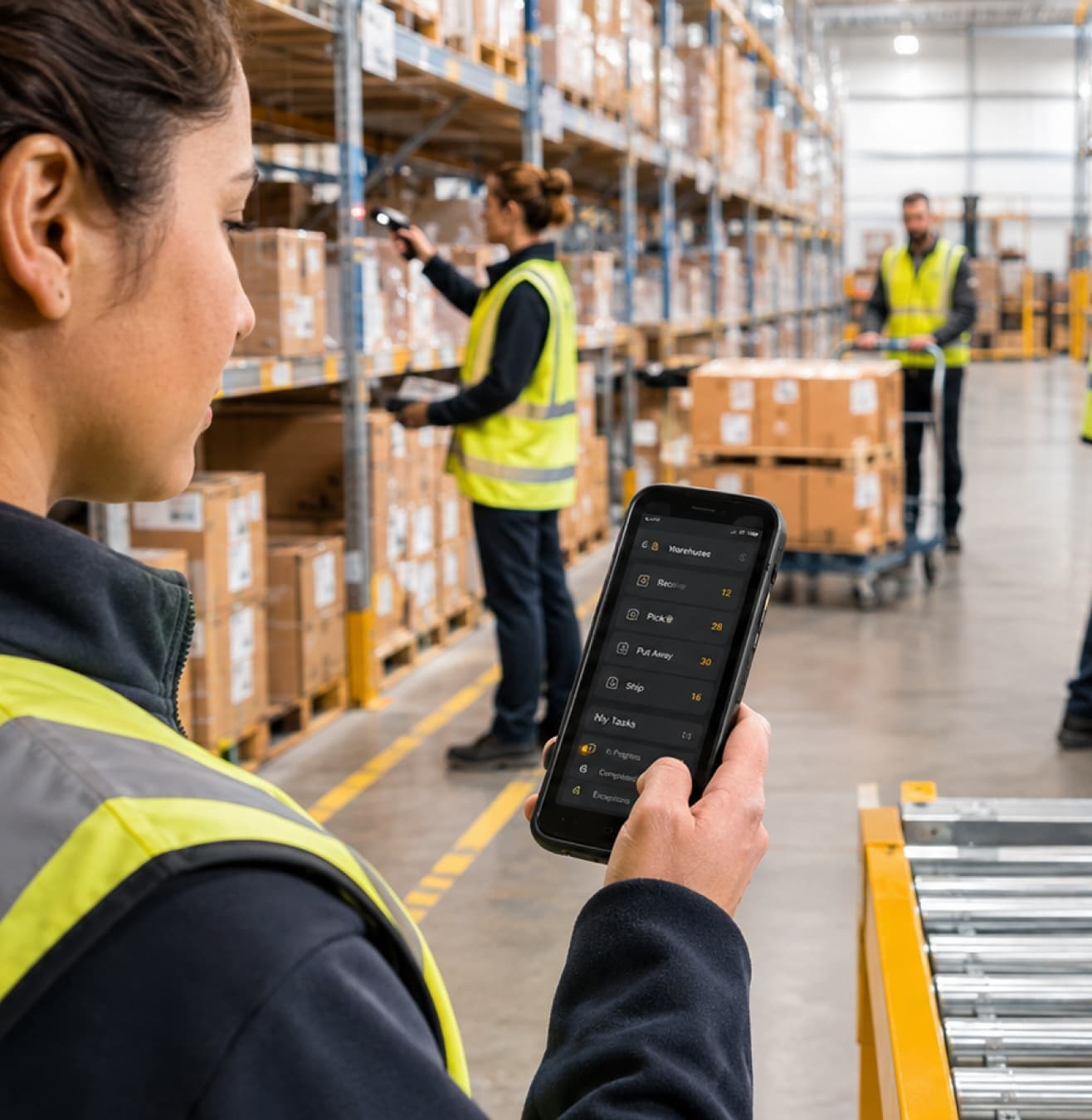 A warehouse worker in a hi-vis jacket working through her task list in the Footprints mobile app, with colleagues scanning stock from the racking behind her