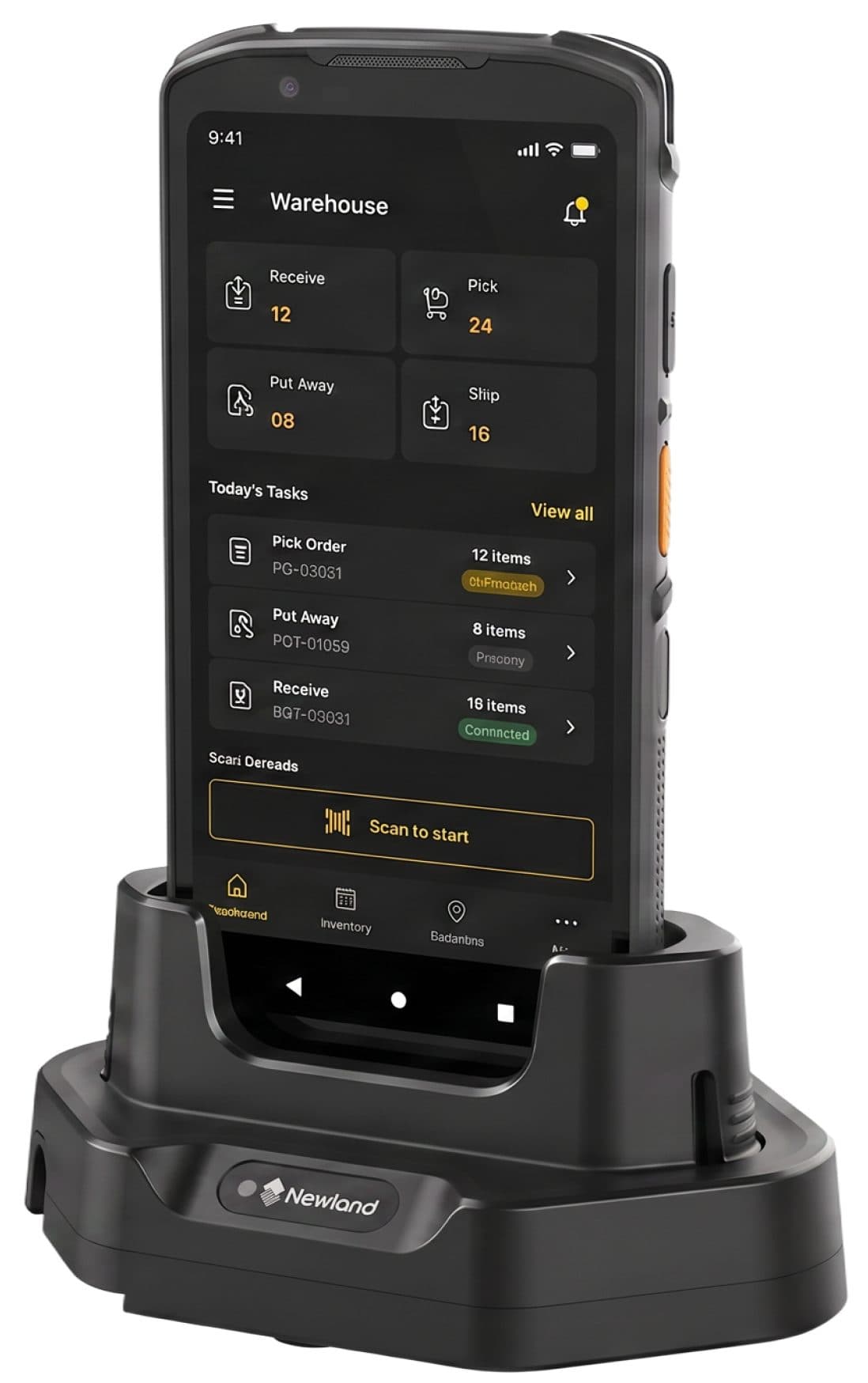 The Footprints warehouse app running on a handheld scanner in its charging cradle