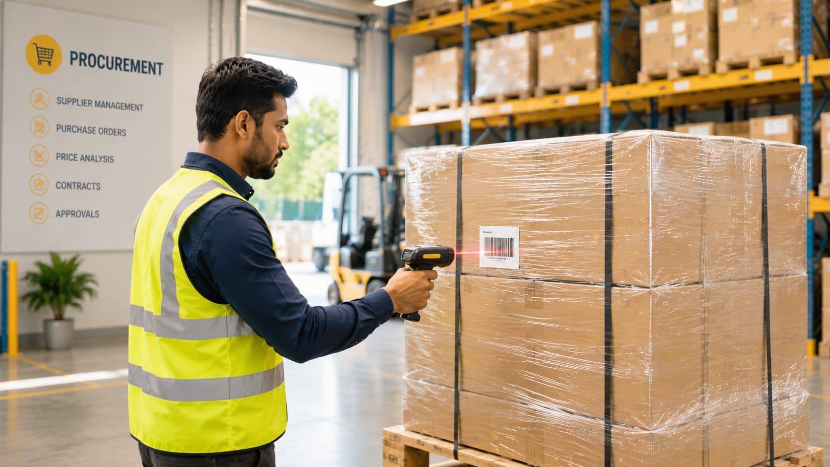 A warehouse operative scanning a shrink-wrapped pallet with a handheld barcode reader