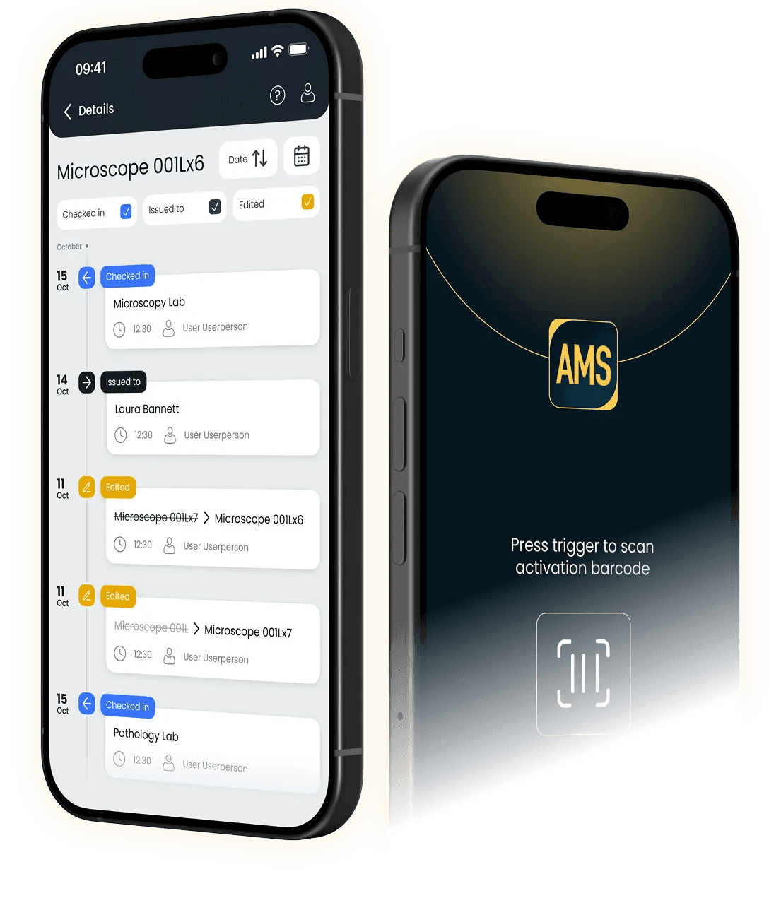 Two phones running the Footprints asset app, one listing checked-out microscopes and one prompting to scan an activation barcode