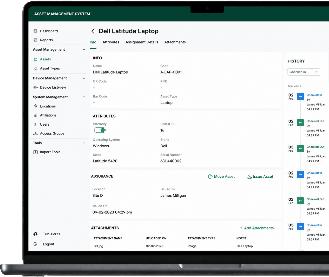 The Footprints asset management dashboard open on a laptop, showing a Dell Latitude laptop's asset record and its check-in and check-out history