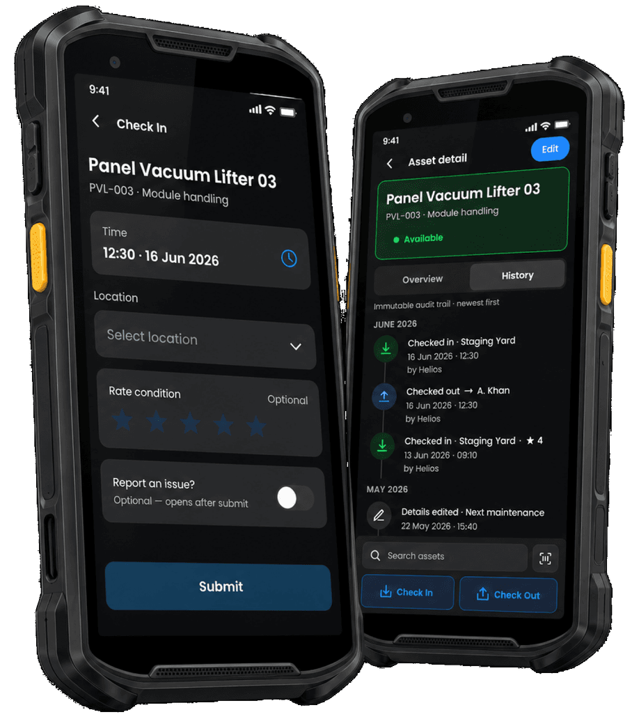 The Footprints asset app on two rugged handhelds: a check-in screen for a panel vacuum lifter with time and location fields, and an asset-detail screen showing its check-in and check-out history