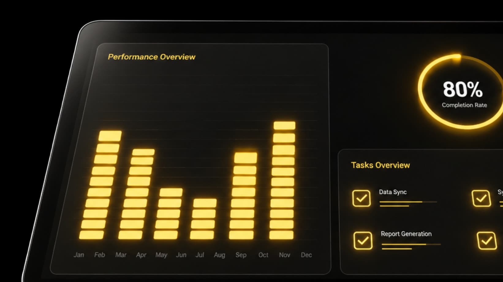 A tablet showing the Footprints procurement dashboard — a Performance Overview bar chart for Jan to Dec, an 80% completion ring, and a Tasks Overview checklist