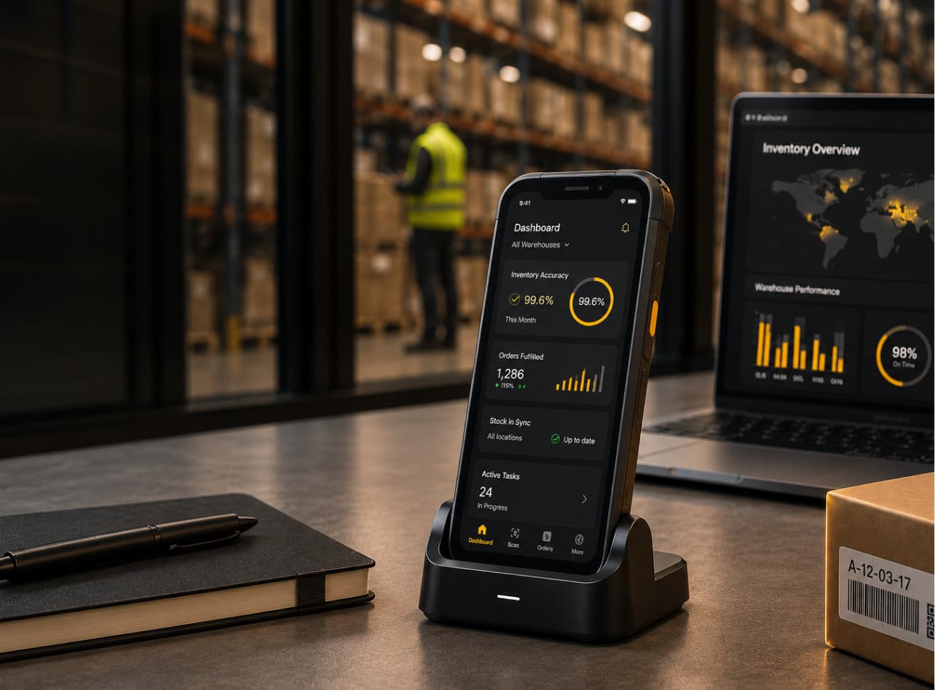 A phone in a desk dock showing an inventory dashboard at 99.6% accuracy, a laptop of warehouse charts beside it and a picker at work through the glass behind
