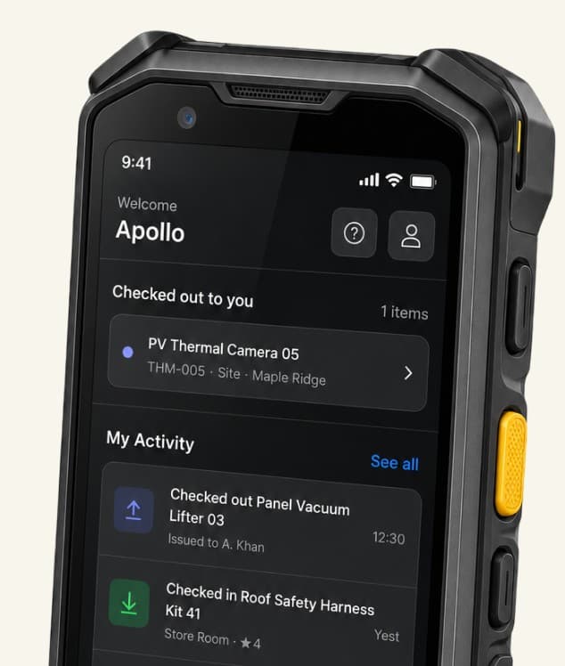 A rugged handheld running the Footprints asset app: a welcome screen listing one asset checked out to the user, a PV thermal camera, above a recent-activity feed of check-outs and check-ins