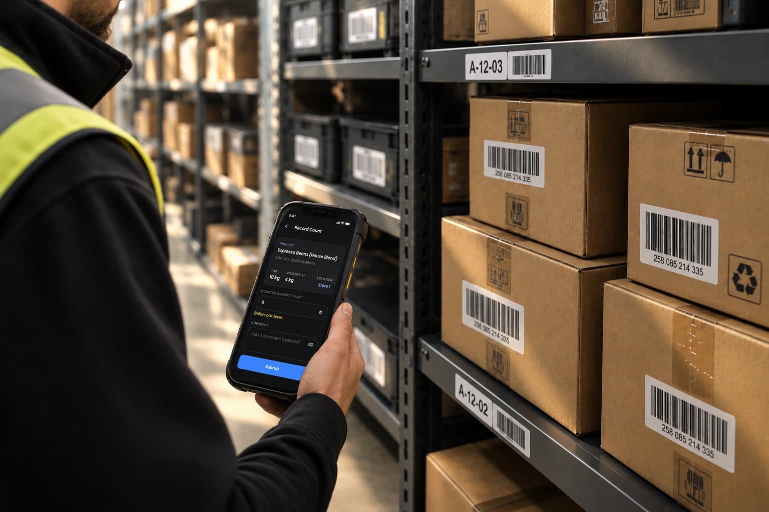 A warehouse worker in a hi-vis vest holding a phone that shows a stock count, scanning barcoded cartons on the racking beside them