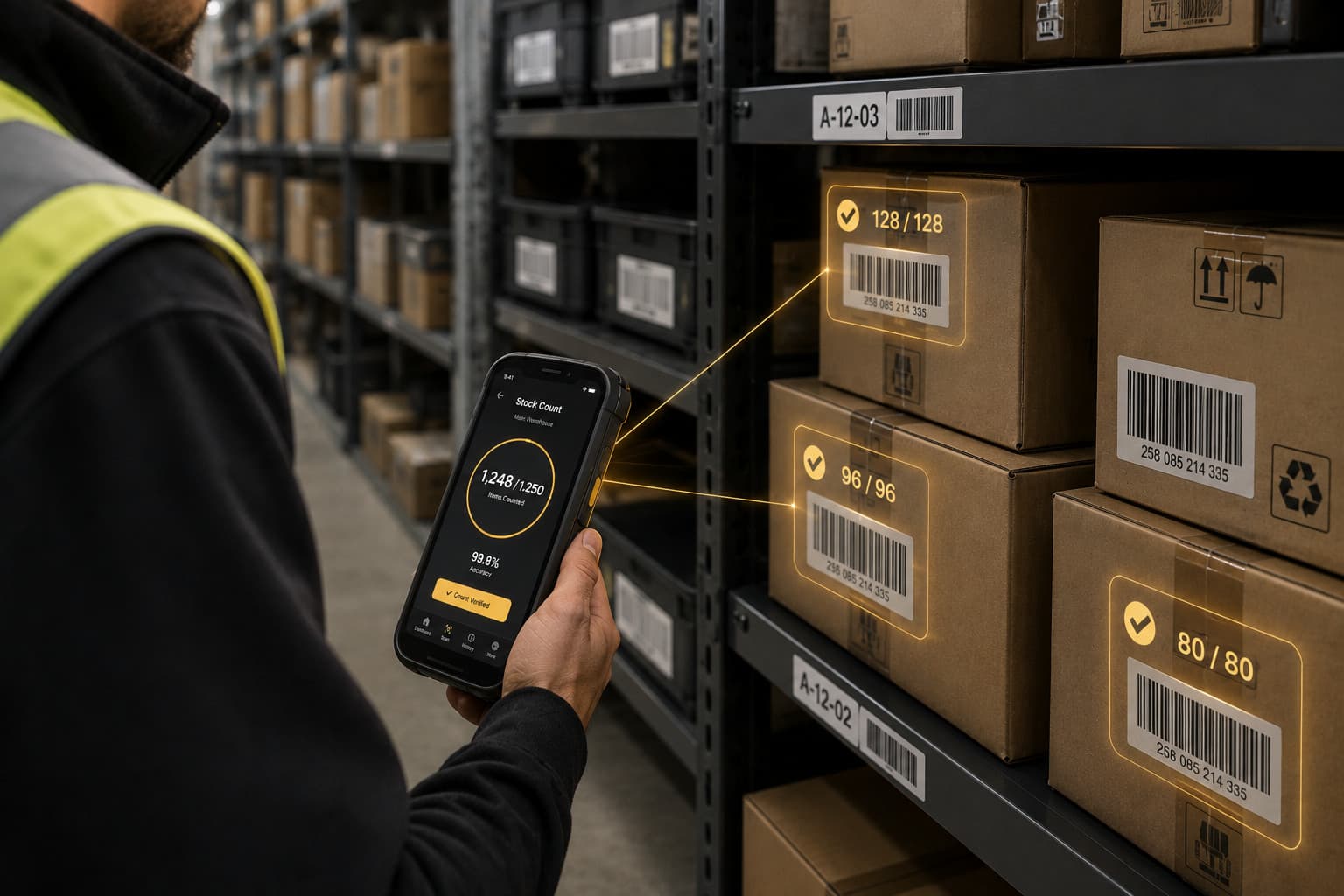A warehouse worker in a hi-vis vest holding a rugged handheld, its screen counting 1,248 of 1,250 items while scan beams pick out barcodes on the shelf beside them