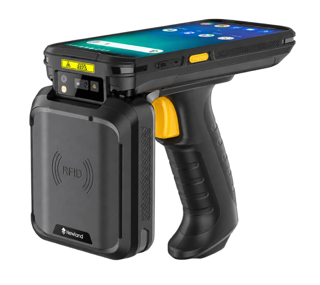 A Newland AIDC handheld RFID reader: a rugged touchscreen mobile computer in a pistol-grip sled, running the Footprints warehouse app.