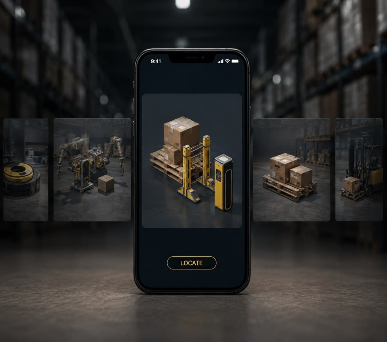 The Footprints asset app on a phone, showing a located pallet of boxes on a forklift in a warehouse aisle