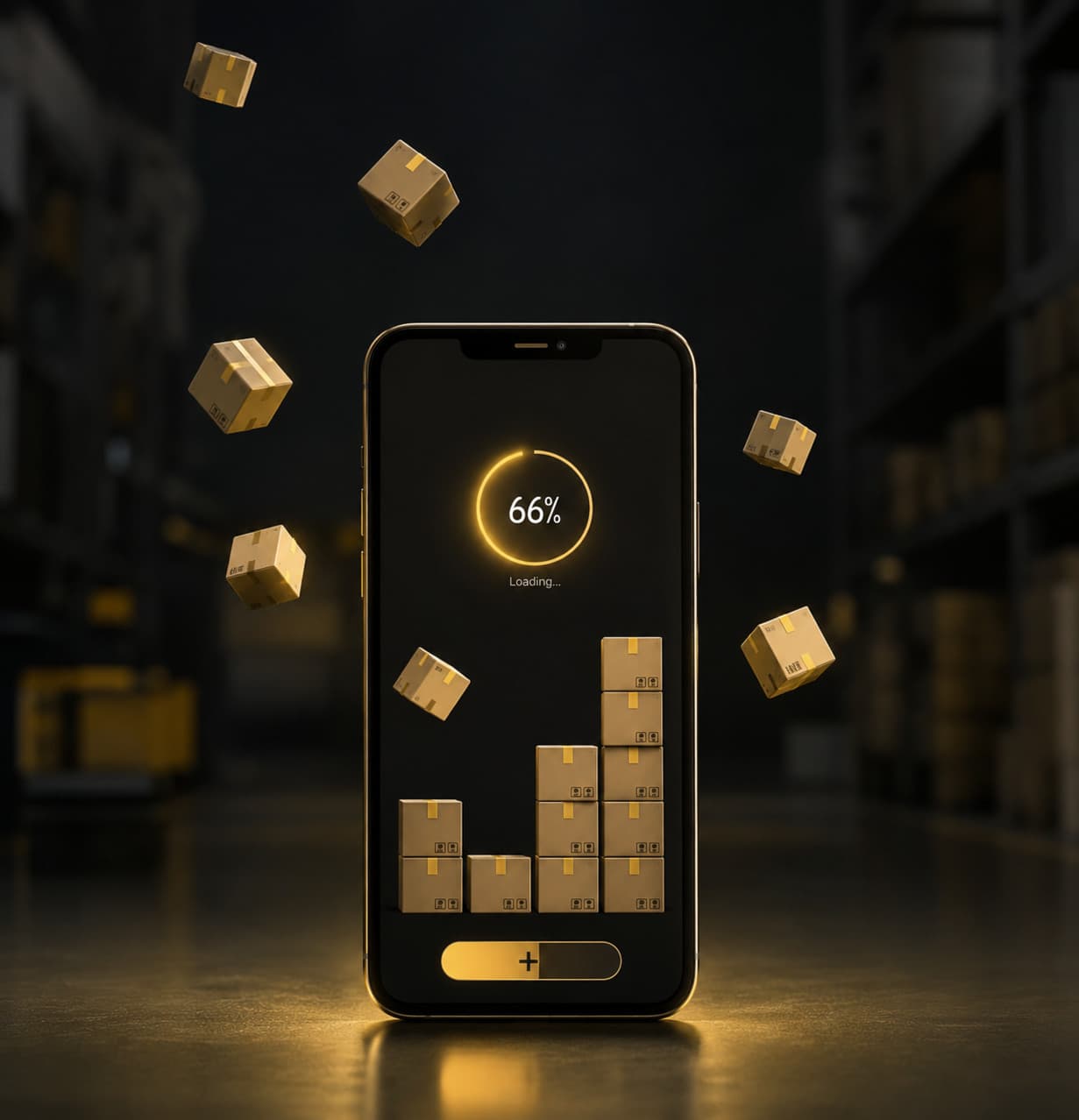 A phone standing in a dark warehouse aisle, its screen showing a stock count at 66% with cartons stacking up as the count runs