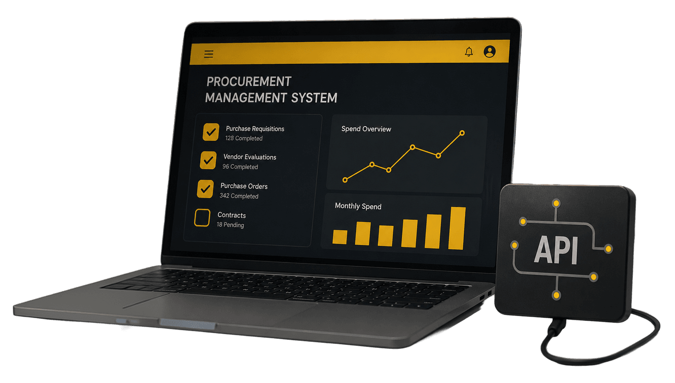 A laptop showing the Footprints procurement dashboard — a purchase requisition and vendor checklist beside spend charts — cabled to an API hardware module