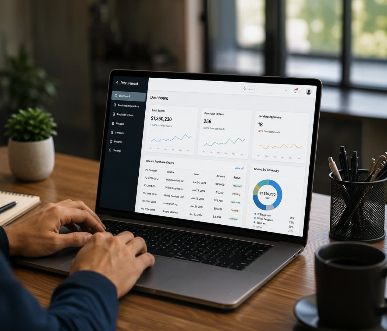 A person working at a laptop showing the Footprints procurement dashboard, with total spend, purchase orders and pending approvals