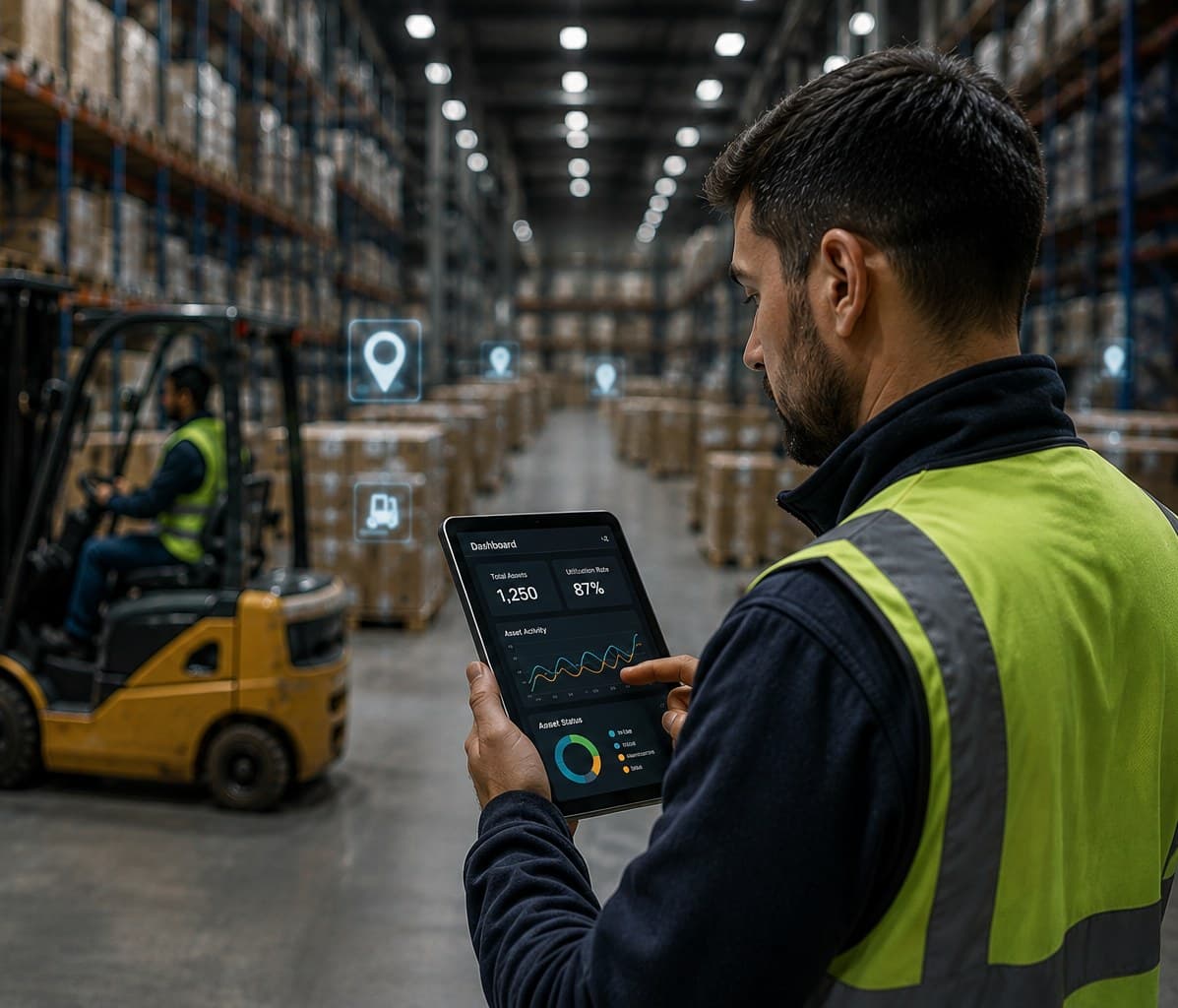 A warehouse operative in a hi-vis vest reading an asset dashboard on a tablet, with a forklift moving stock behind